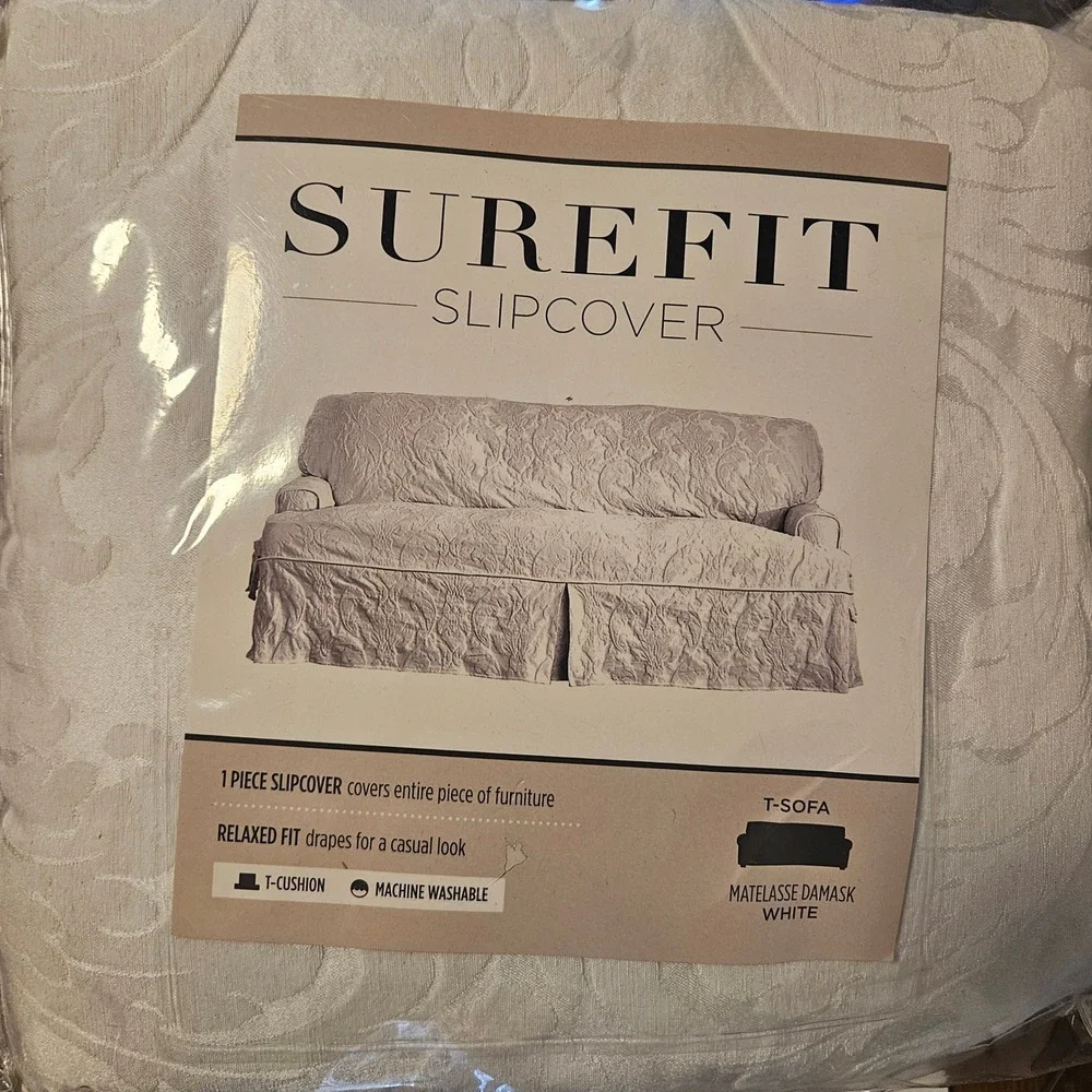 Surefit T-Sofa Slipcover Matelasse Damask White 1-Piece Relaxed Fit T-Cushion